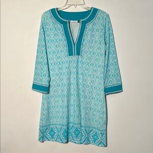 CABANA LIFE Resort Poolside Preppy Vacay 3/4 SLV Split V-Neck Mint/White Dress L